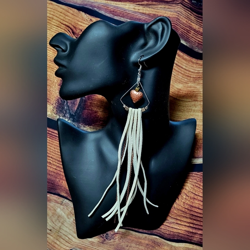 Western style Copper heart and silver hoop earrings with leather fringe earrings